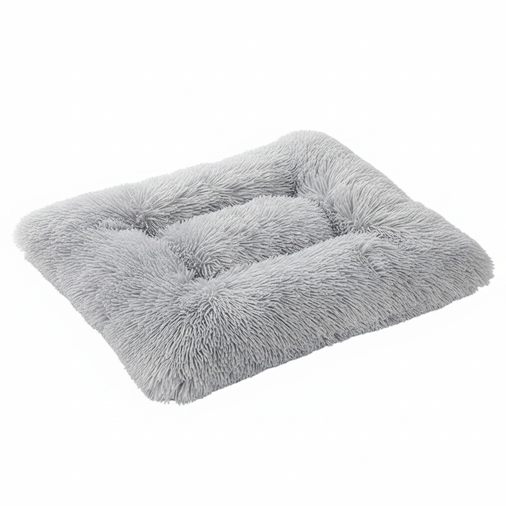 Light silver grey long shaggy faux fur square tufted flat pet bed mat shown at a 3/4 angle on a white background
