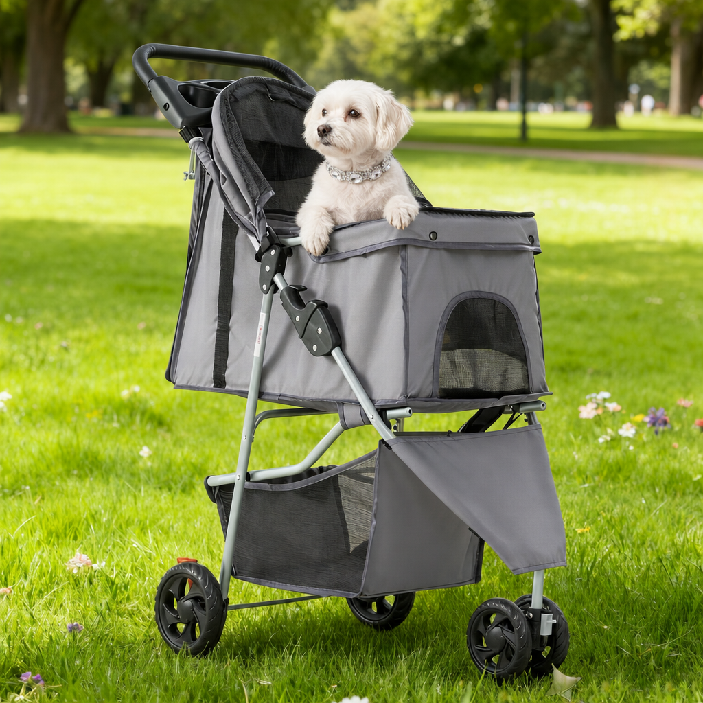 Gray stroller on grass with Diamond Diva collar
