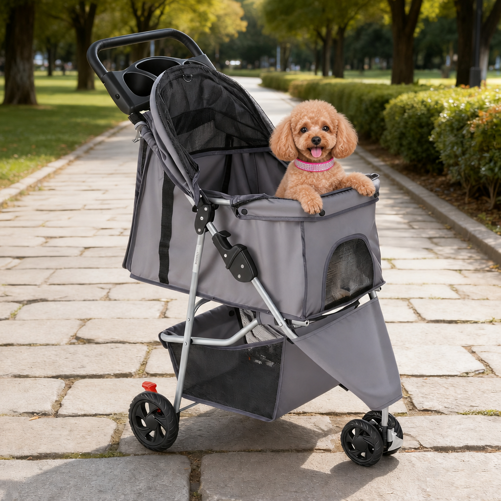 Gray stroller on path with fuchsia collar