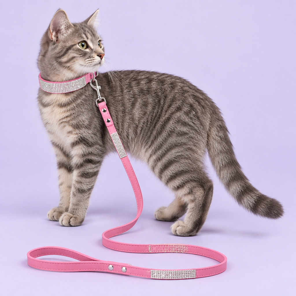 Gray tabby cat wearing the pink collar and leash