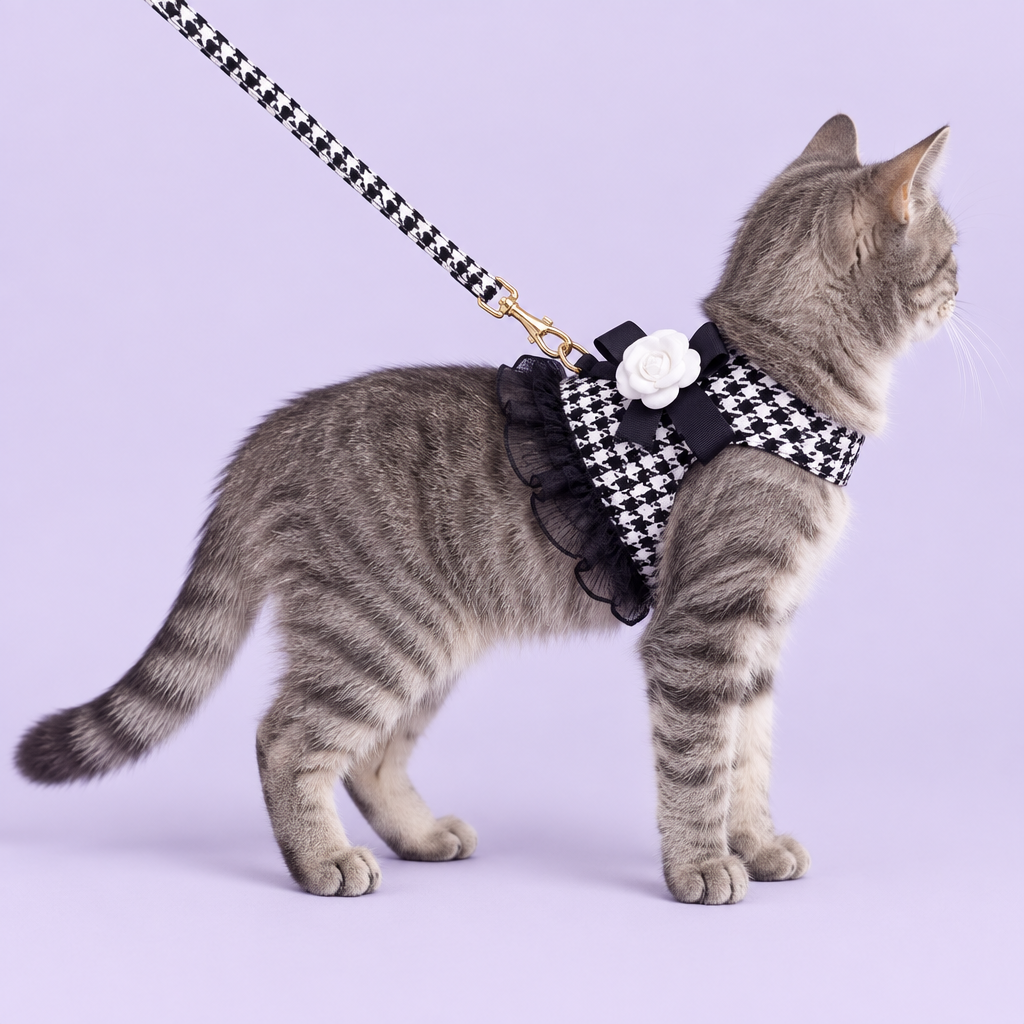 Gray tabby in houndstooth harness