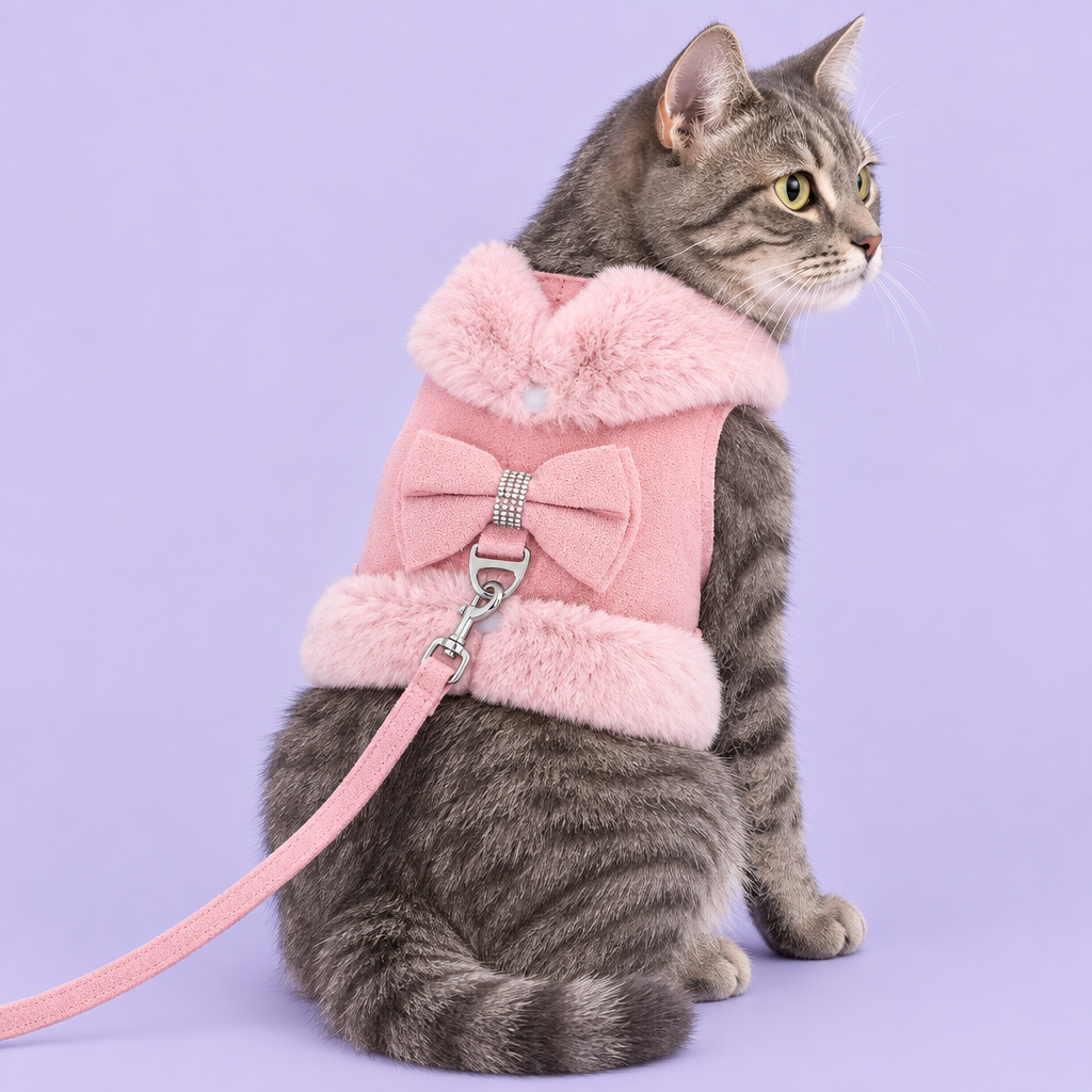 Gray tabby in pink harness and leash