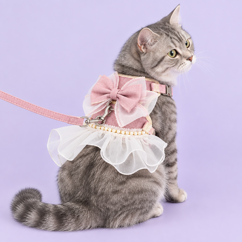 Gray tabby in pink ruffled harness