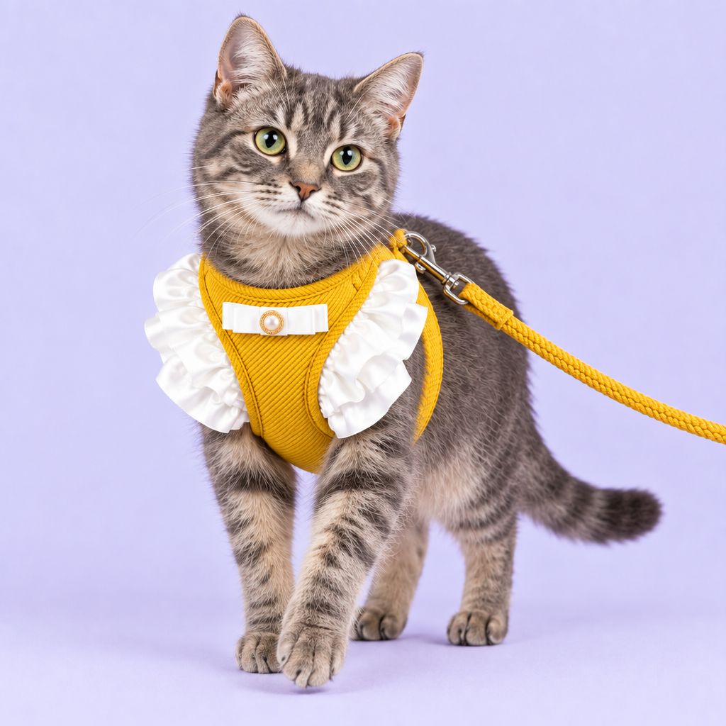 Gray tabby in yellow harness with front chest flounces