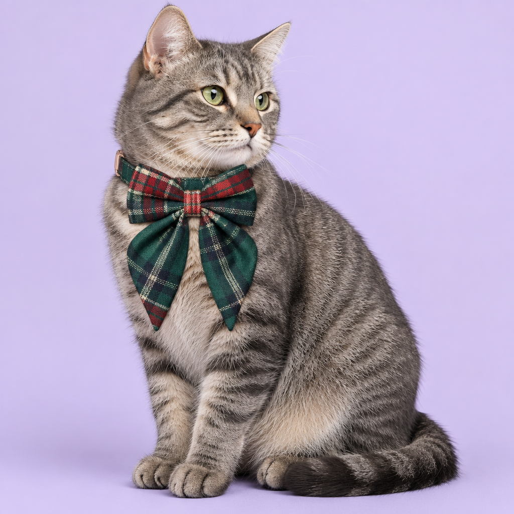 Gray tabby looking over its shoulder in long-tail plaid bow collar