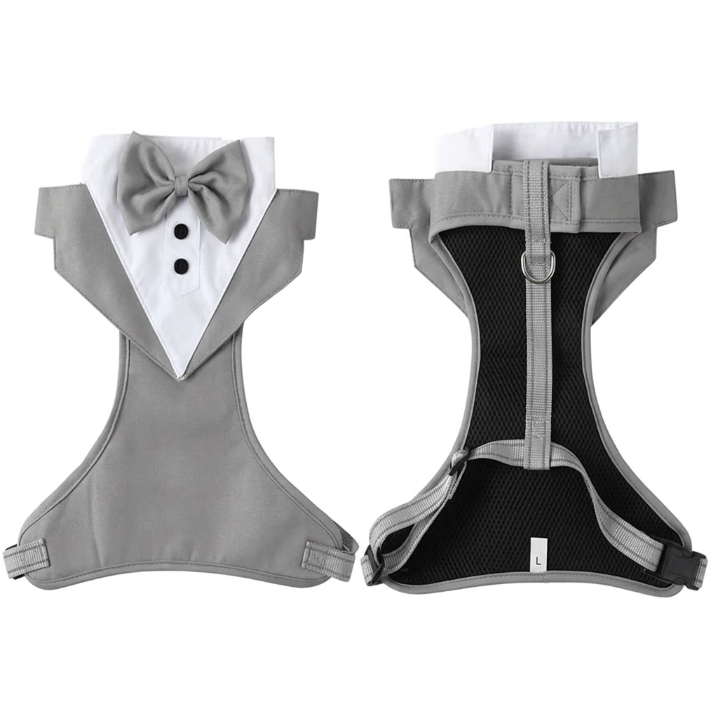 Gray tuxedo harness front and reverse views