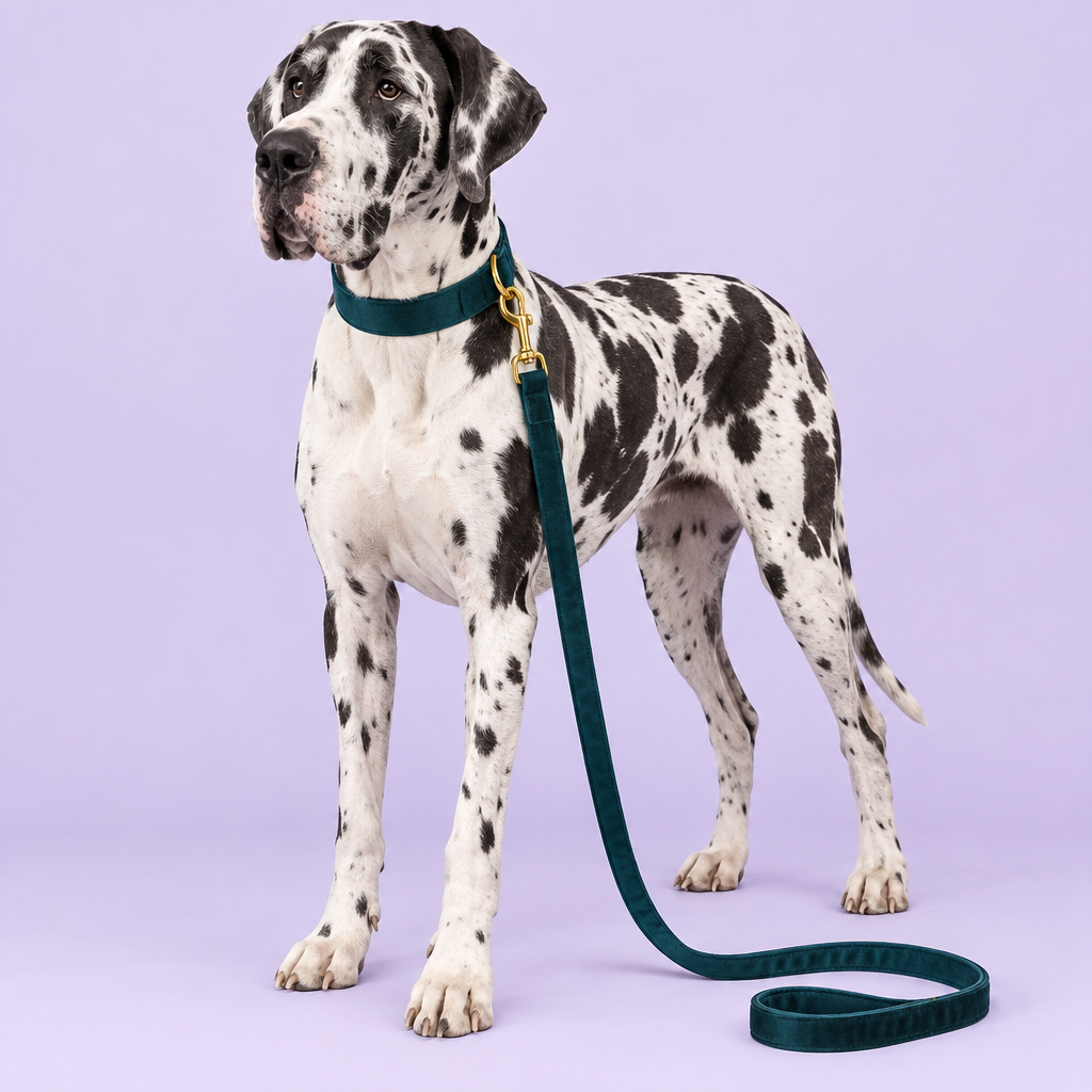 Great Dane with plain teal velvet collar and leash