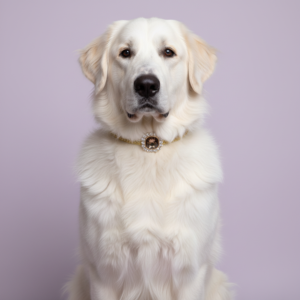 White Great Pyrenees sitting upright and facing forward wearing a gold glitter rhinestone dog collar with smoky topaz cushion-cut gem and rhinestone halo centerpiece on lavender background