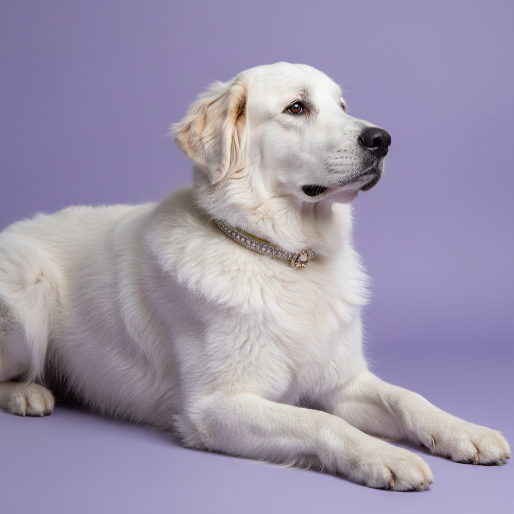 Cream Great Pyrenees lying down with head raised and gazing to the side wearing a clear crystal rhinestone collar with oval pink crystal pendant, luxury diamond dog collar for large breeds on lavender background