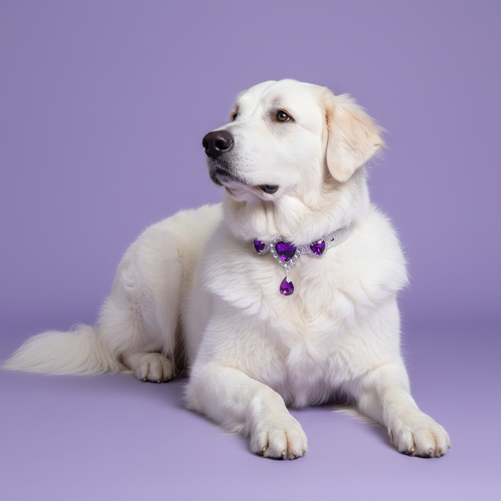 Brown-eyed white Great Pyrenees lying down with front paws extended and gazing to the side wearing a silver rhinestone collar with three rhinestone-framed deep purple amethyst heart crystals and a dangling teardrop purple crystal pendant, luxury heart gem dog collar for large breeds on solid lavender background