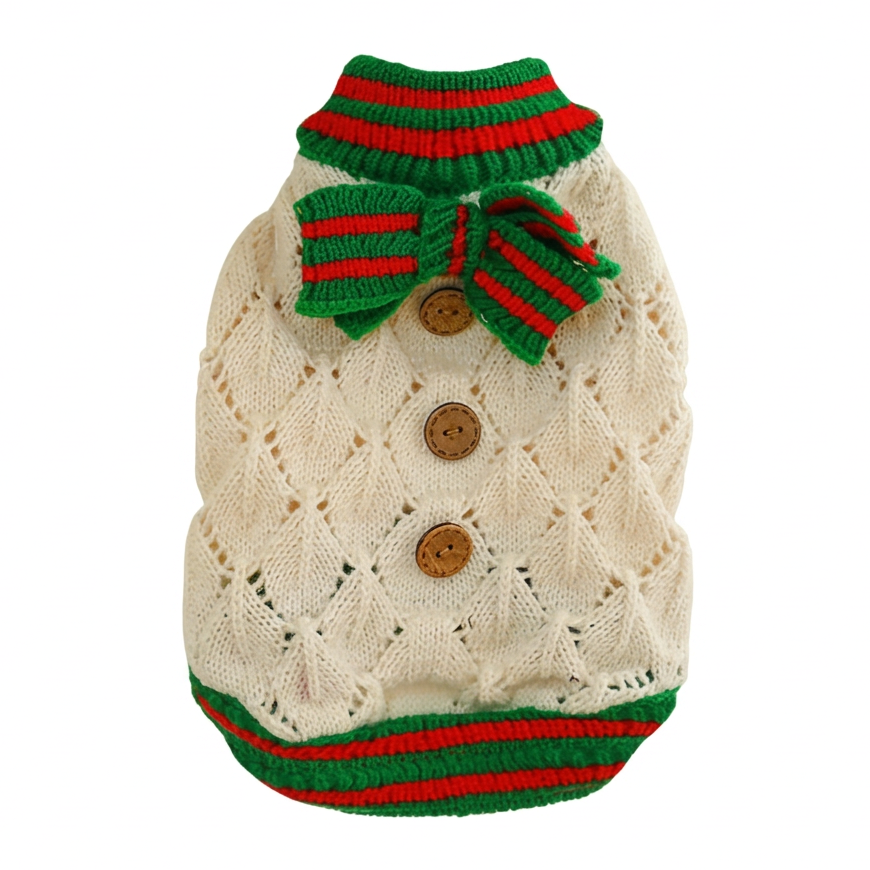 Green-and-red trim sweater on a square white background