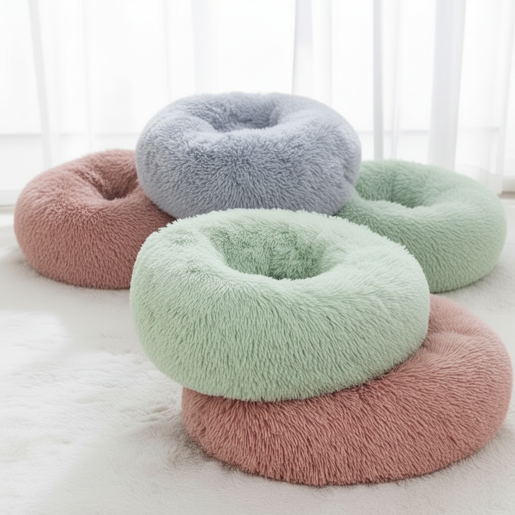 Four round donut pet beds in long shaggy faux fur displayed together in a bright room, showing available colorways: blush pink, mauve, sage green, and light grey
