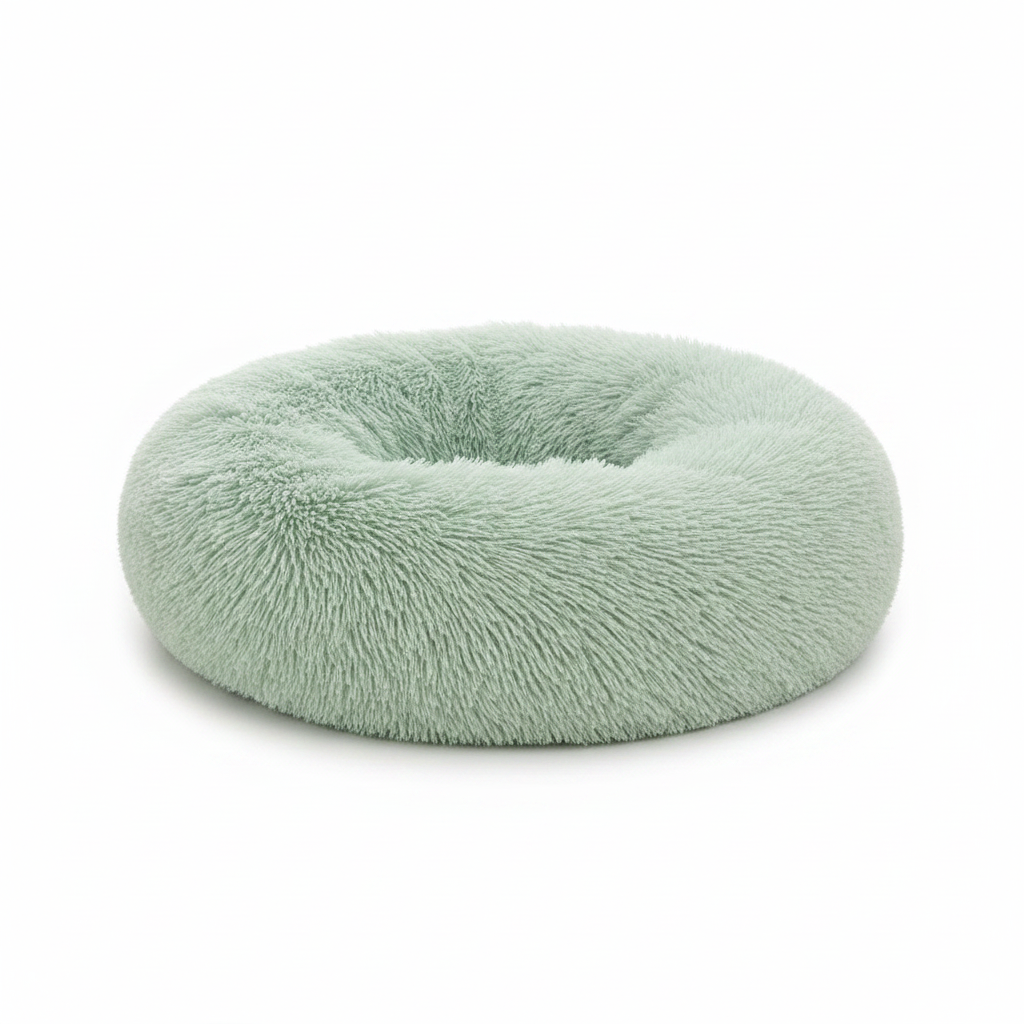 Sage green round donut pet bed with long shaggy faux fur and a deep cushioned center, shown on a white background