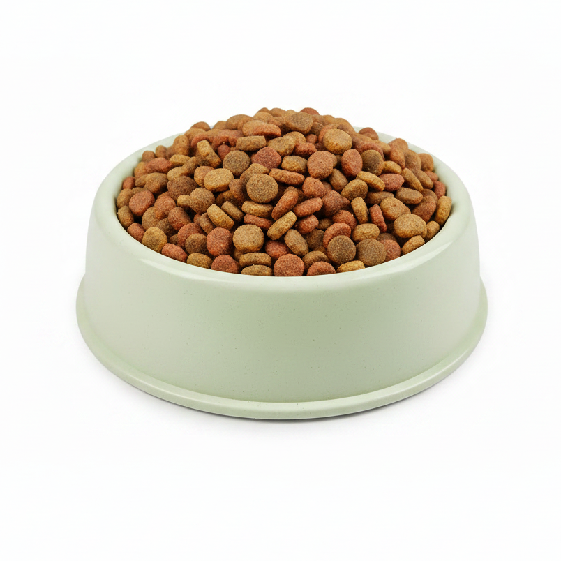 Sage green pet food bowl filled with dry kibble — simple dog and cat food bowl