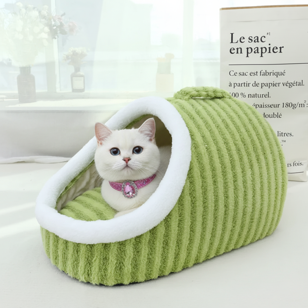 A white cat wearing a pink collar sits inside a green ribbed pet bed with a white faux-fur trim, placed on a light surface with a book in the background.