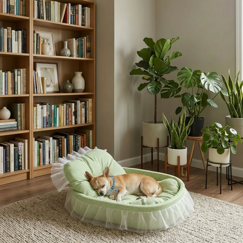 Small Corgi wearing a blue crystal collar sleeping in a sage green gingham oval pet bed with sheer white lace ruffle trim, displayed in a bright living room with wood bookshelves and indoor plants