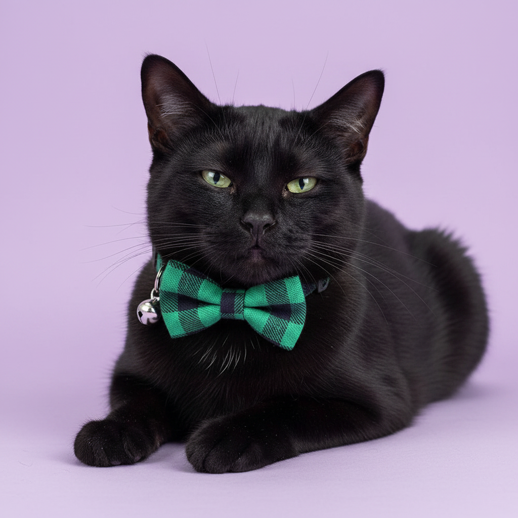 Green-eyed black cat lying down in loaf position and gazing forward wearing a green and black buffalo plaid bow tie collar with a small silver bell, cute plaid bow tie breakaway cat collar on solid lavender background