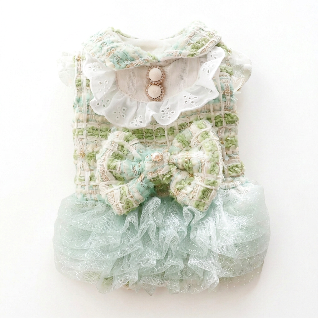 Green tweed dress with the pearl hanger removed from the neckline