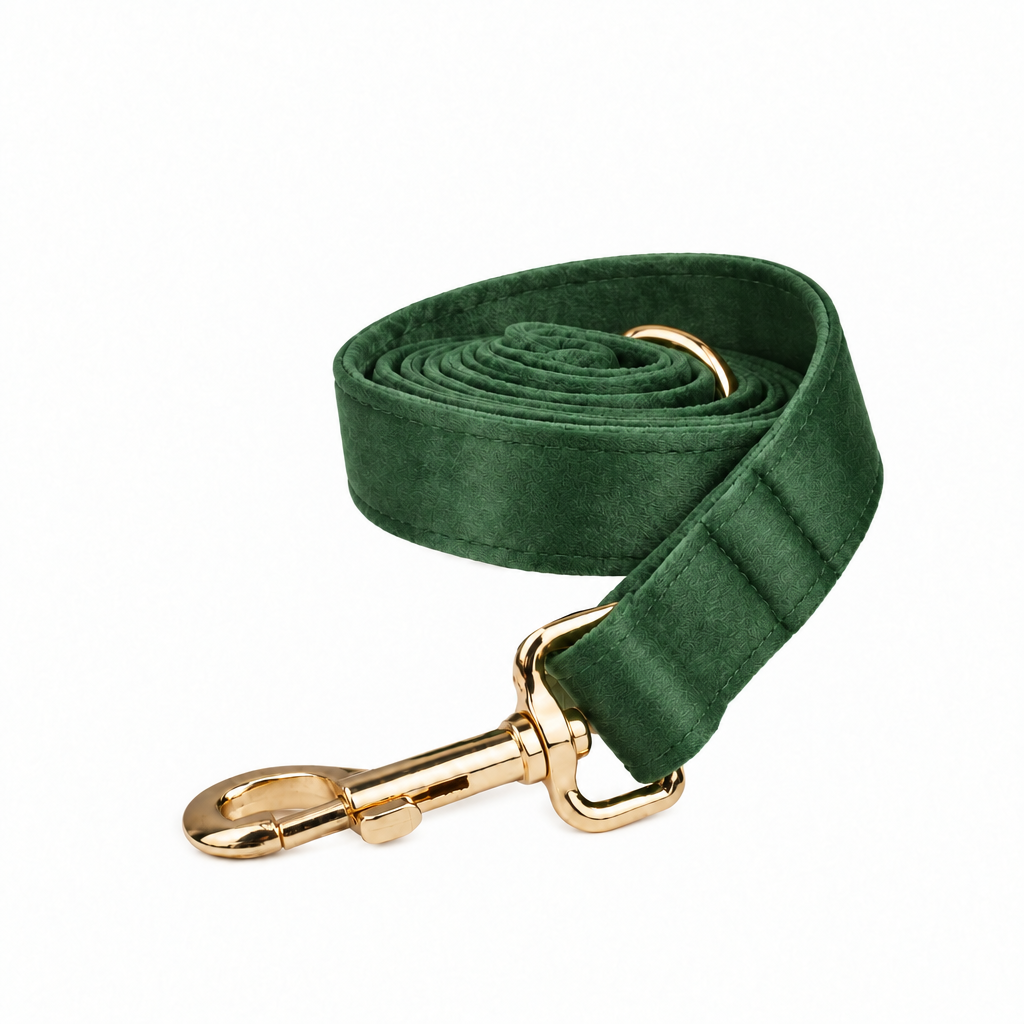 Green velvet leash, coiled view