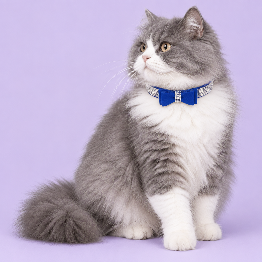 Grey-and-white British Longhair seated in three-quarter view