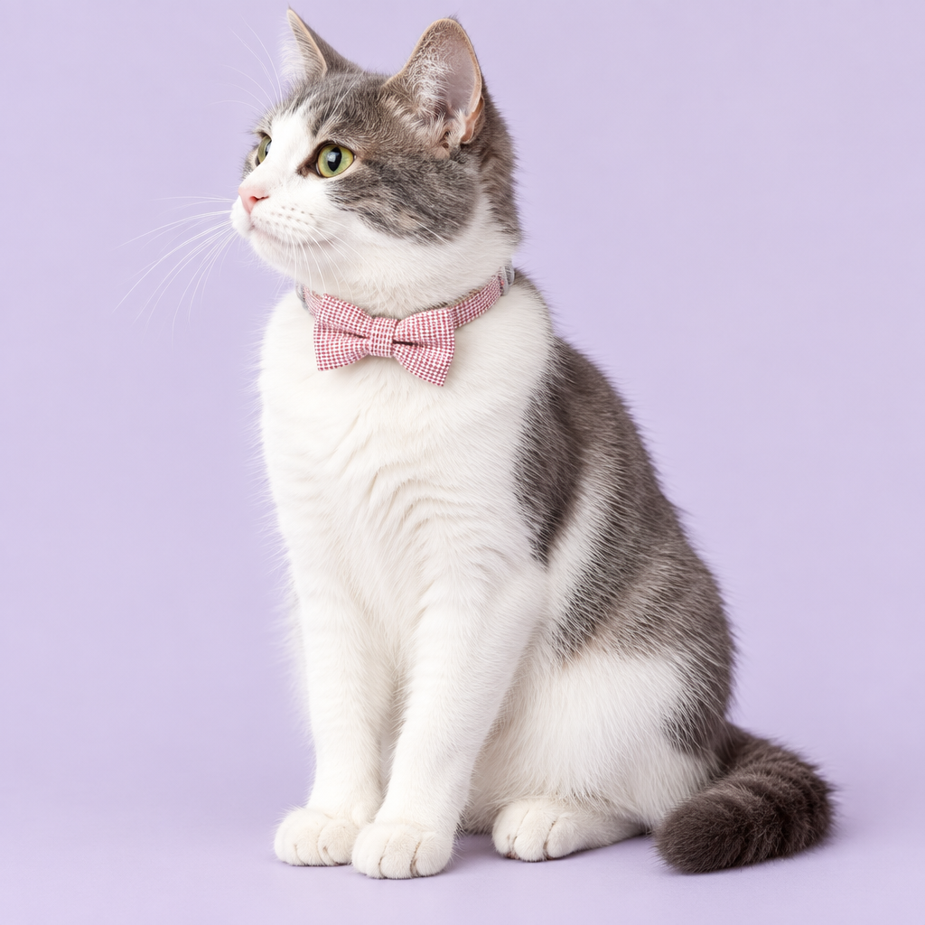 Grey-and-white cat looking to the side