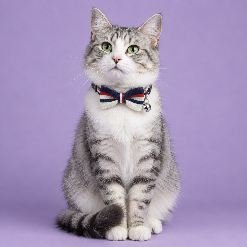 Grey-and-white cat wearing the striped bow-tie collar