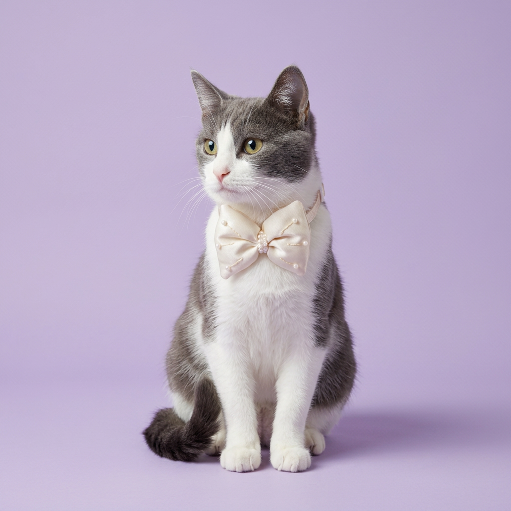 Grey and white cat with ivory bow collar