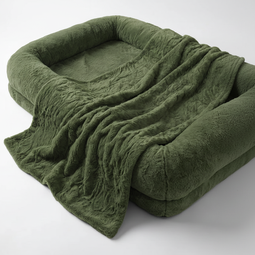 Oversized olive green plush human-sized dog bed with bone-shaped bolster sides and matching faux fur blanket on white background