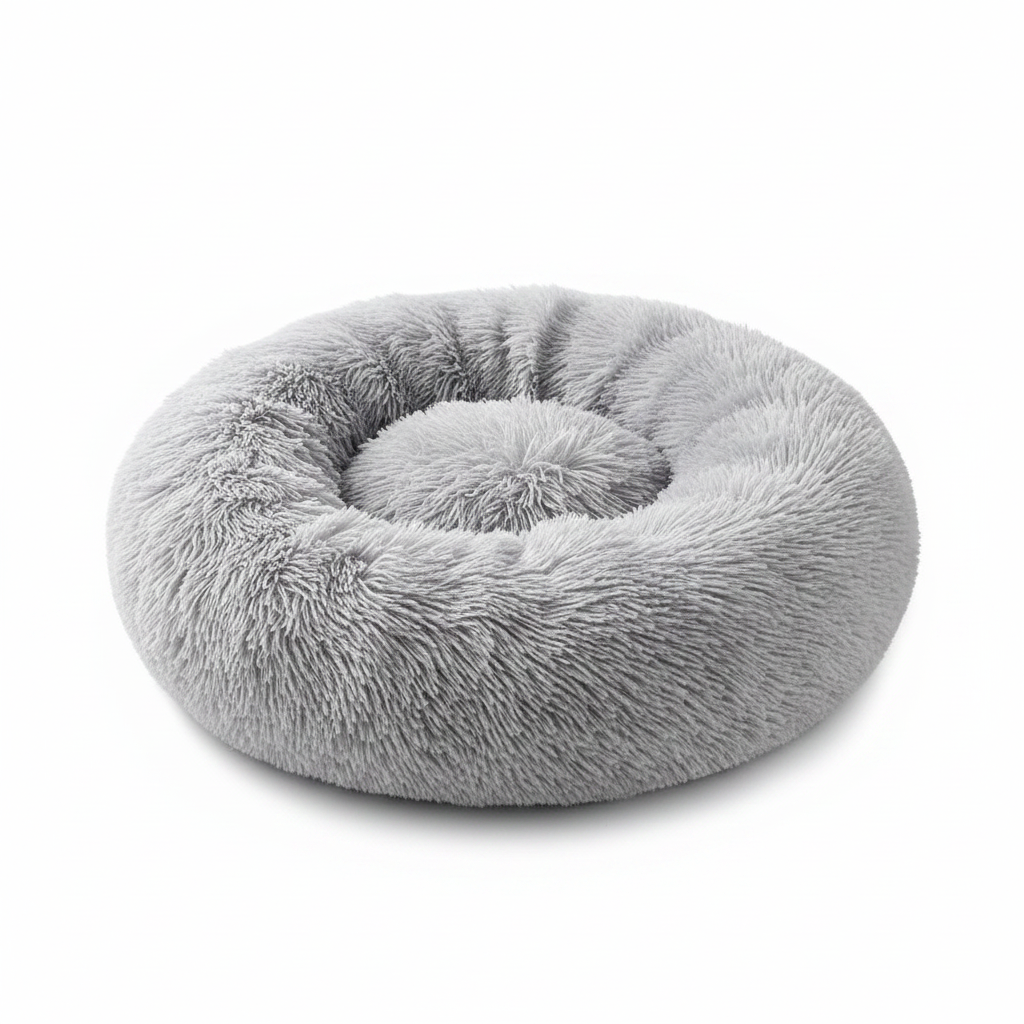 Light grey round donut pet bed with long shaggy faux fur and a deep cushioned center, shown on a white background