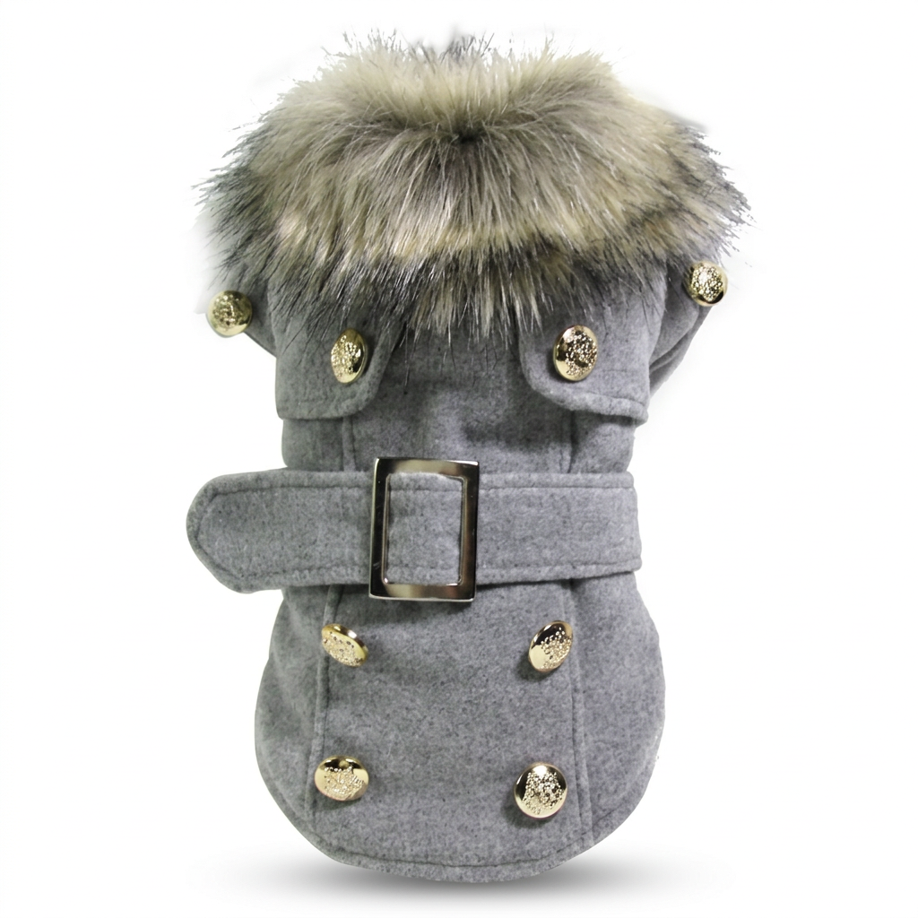 Grey belted pet coat with fur-look collar on a square white background