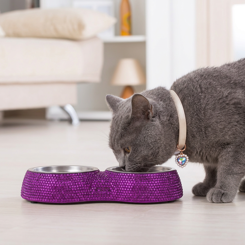 Grey British Shorthair eating from the purple rhinestone double diner, wearing the ivory heart-charm collar