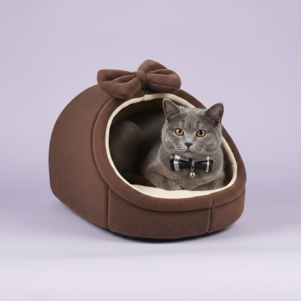 Grey British Shorthair cat with plaid bow tie and bell collar resting inside a rich brown plush igloo cat cave bed with matching bow detail and cream fleece interior, lavender background