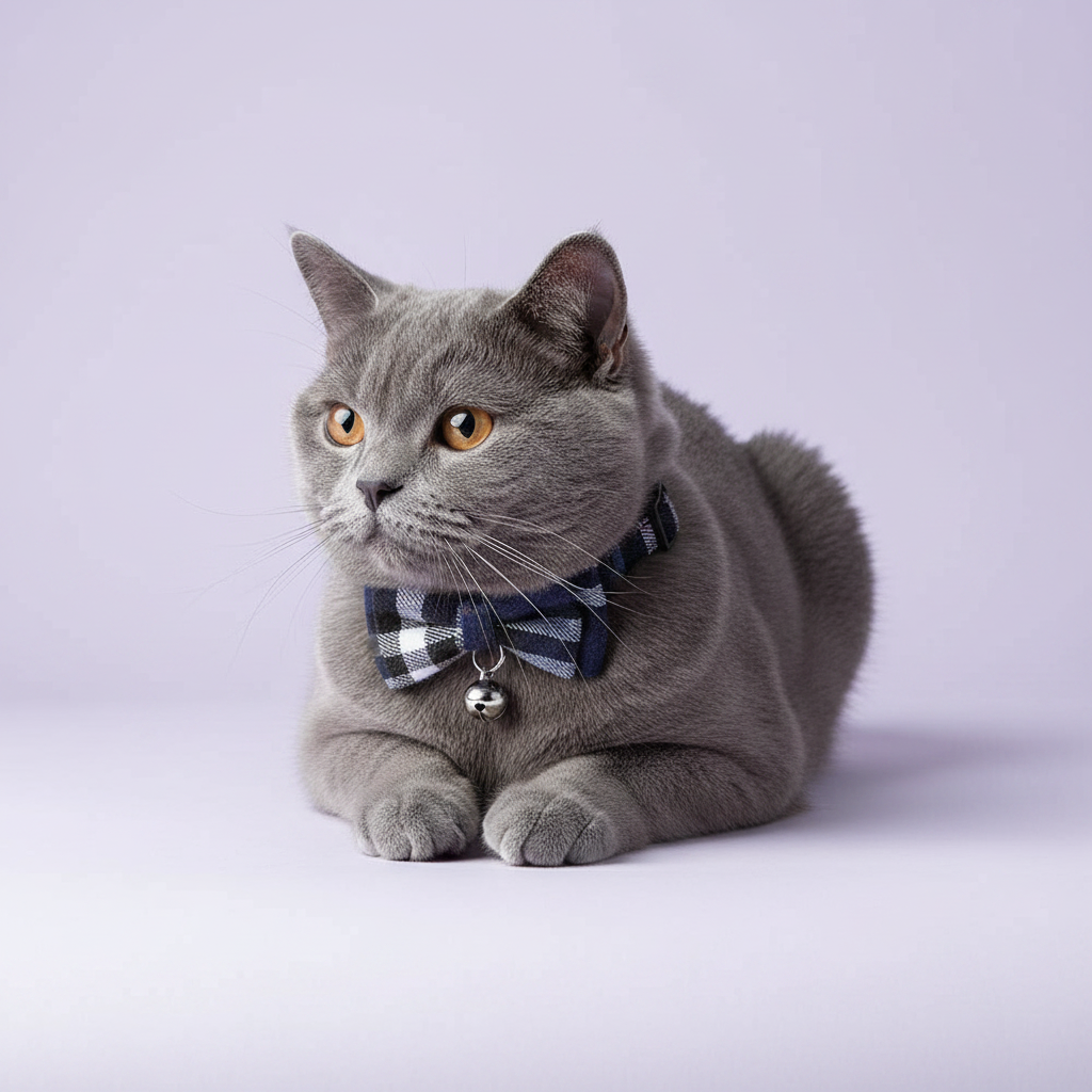 Grey British Shorthair in a loaf pose gazing to the side wearing a navy blue plaid bow tie breakaway cat collar with a silver bell