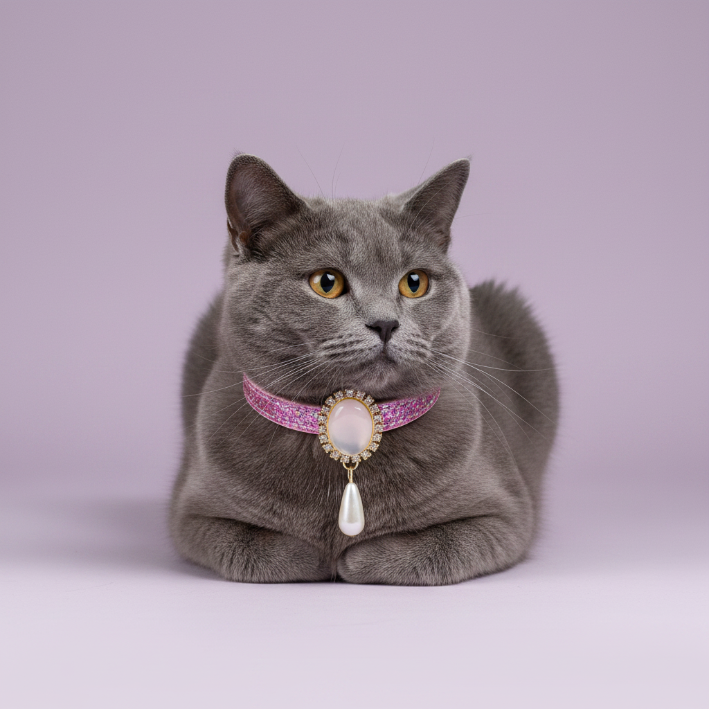 Grey British Shorthair cat in loaf position and facing forward wearing a pink glitter breakaway cat collar with a gold oval pearl and rhinestone pendant