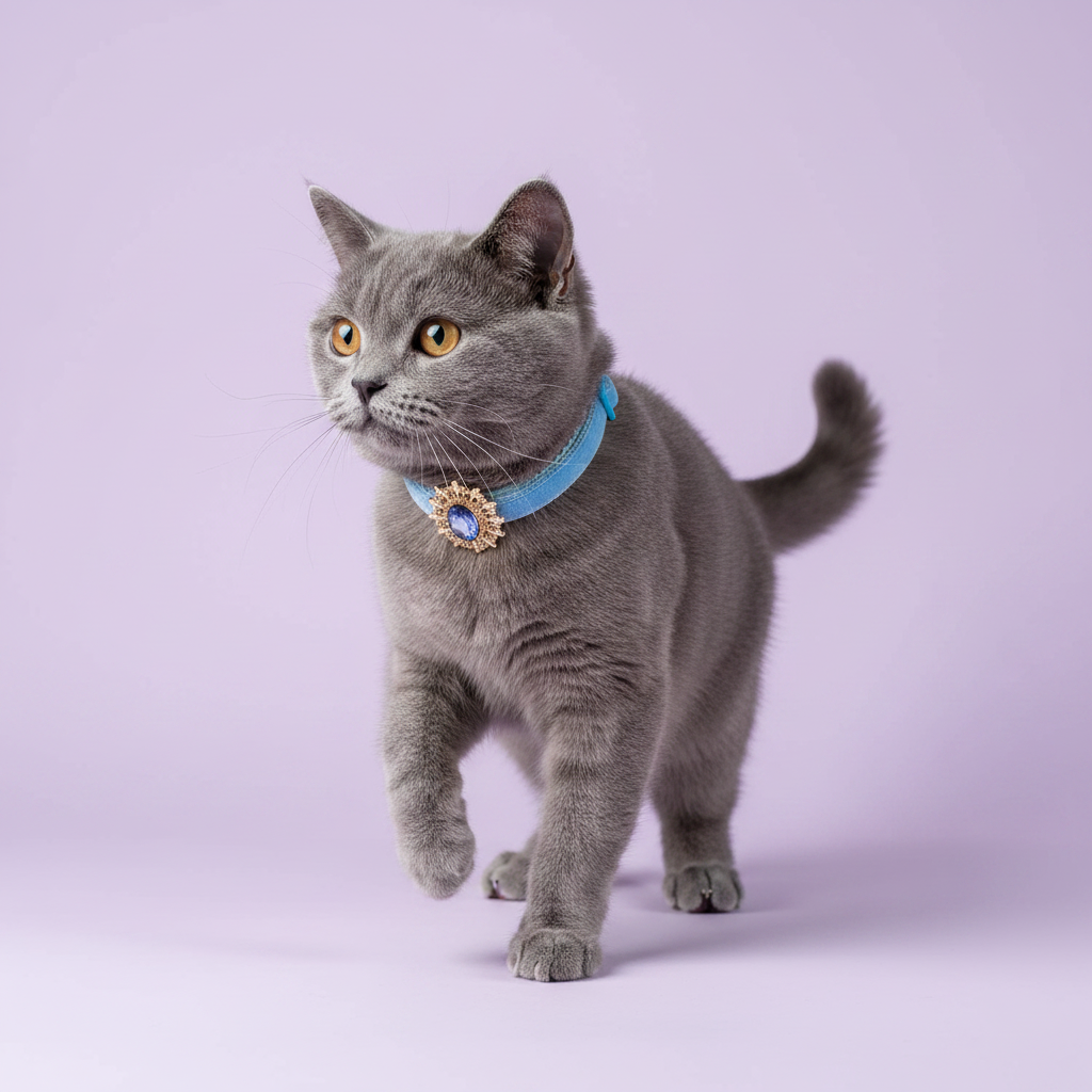 Grey British Shorthair mid-prance with one paw raised wearing a light blue velvet breakaway cat collar with a sapphire blue oval crystal sunburst pendant