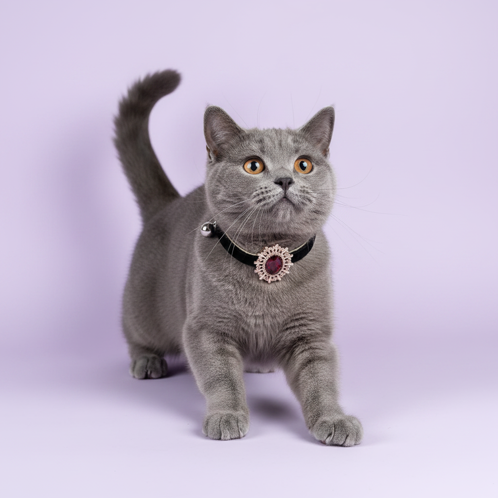 Grey British Shorthair in a playful stalking crouch with tail raised wearing a black velvet breakaway cat collar with a ruby red oval crystal sunburst pendant