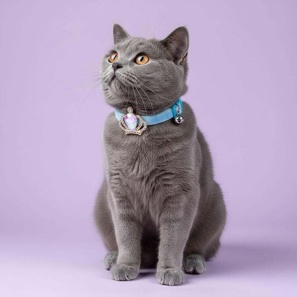 Grey British Shorthair sitting upright with an upward regal gaze wearing a light blue velvet breakaway cat collar with a silver crown and iridescent aurora crystal pendant