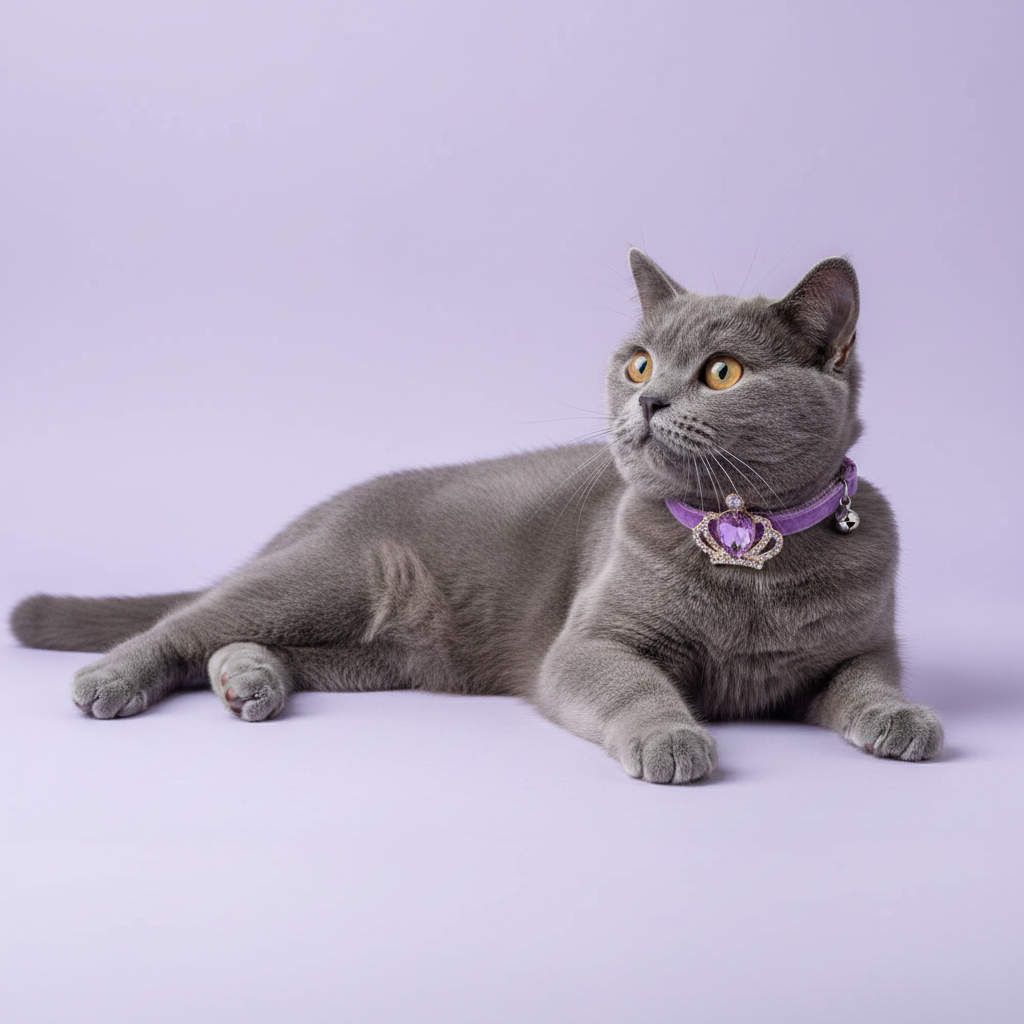 Grey British Shorthair lounging on its side and gazing upward wearing a purple velvet breakaway cat collar with a silver crown and amethyst purple crystal pendant