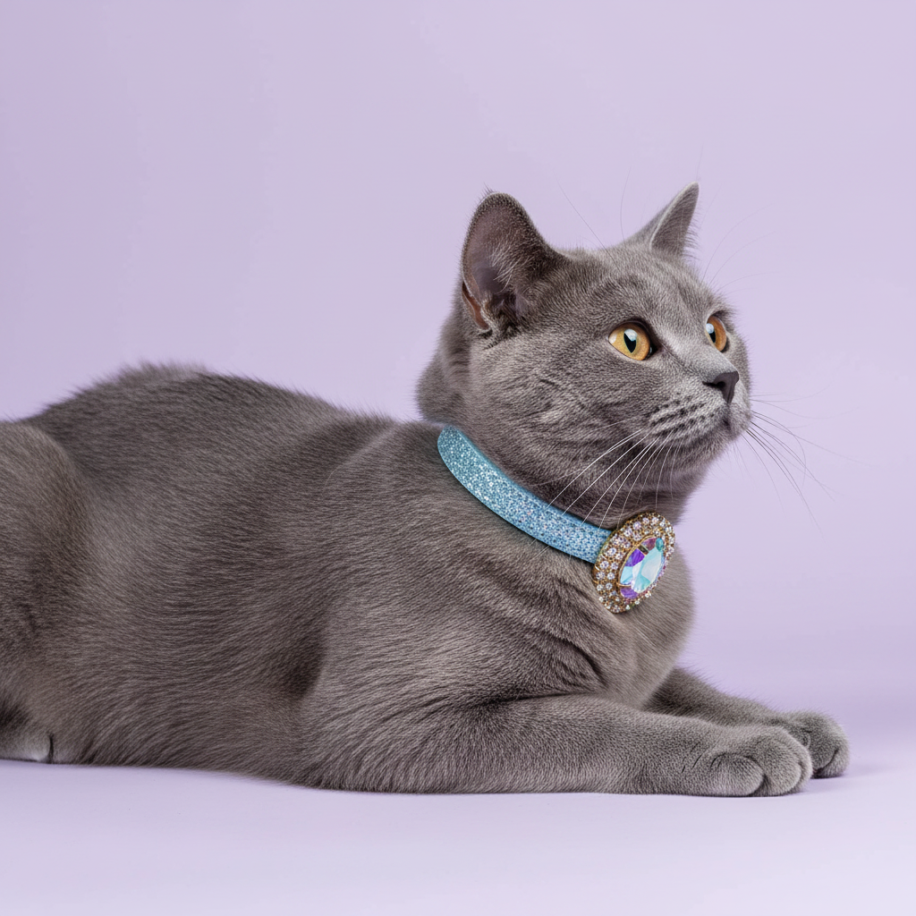 Grey British Shorthair lying down in a side profile gazing to the side wearing a light blue glitter breakaway cat collar with an iridescent aurora borealis oval crystal sunburst pendant