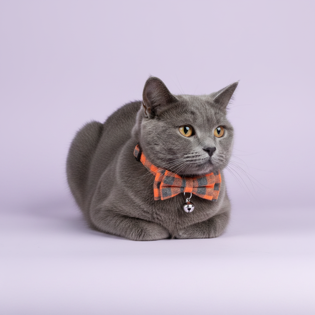Grey British Shorthair in a loaf pose gazing to the side wearing an orange and grey plaid bow tie breakaway cat collar with a silver bell