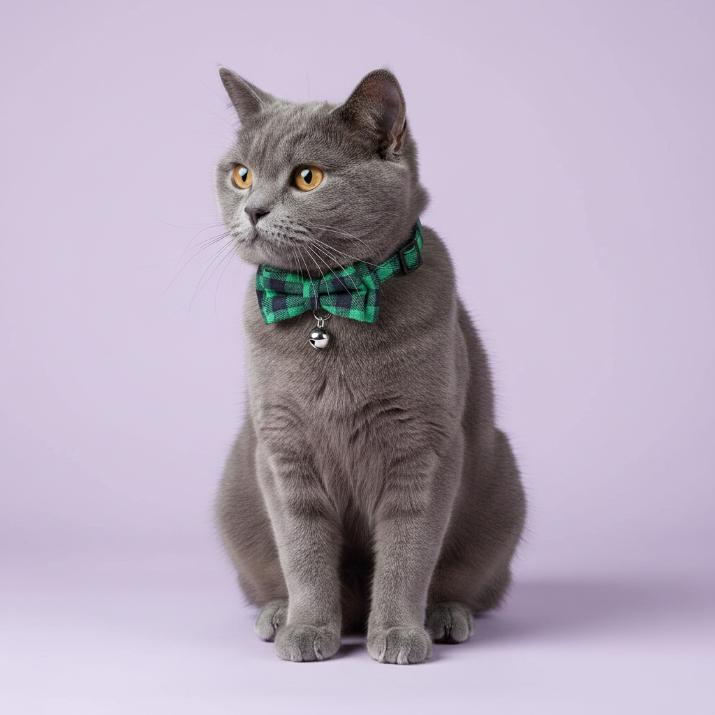 Grey British Shorthair sitting upright and gazing to the side wearing a green plaid bow tie breakaway cat collar with a silver bell