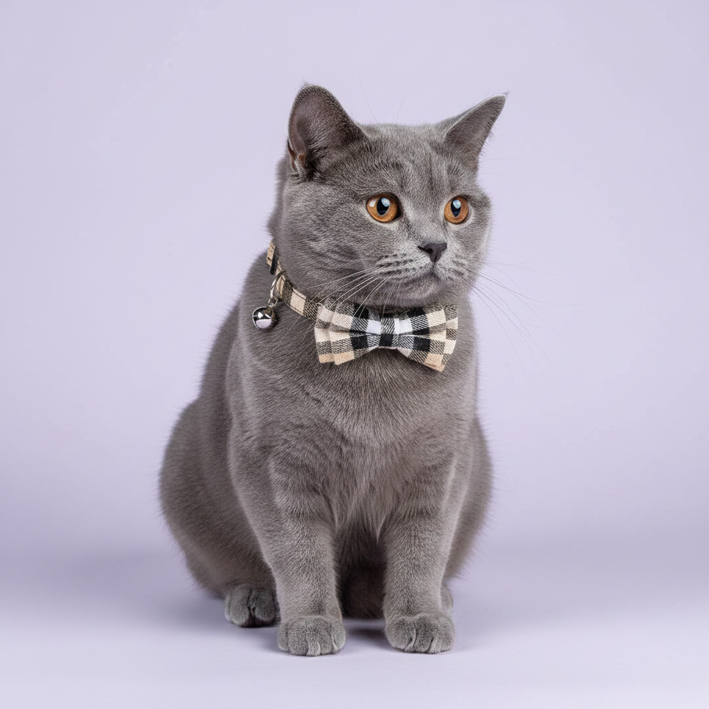 Grey British Shorthair sitting upright and facing the camera wearing a cream and black plaid bow tie breakaway cat collar with a silver bell