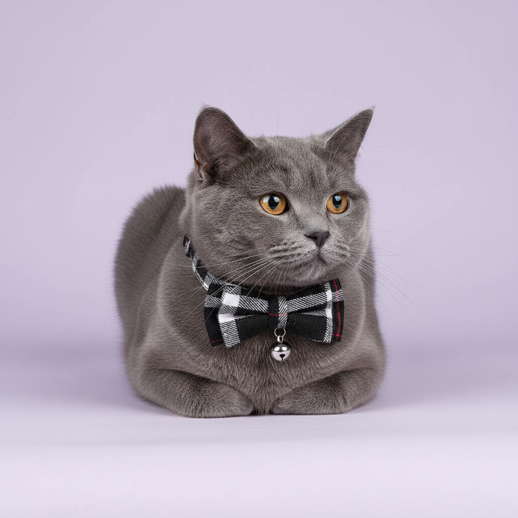Grey British Shorthair in a loaf pose facing the camera wearing a black and white plaid bow tie breakaway cat collar with a silver bell