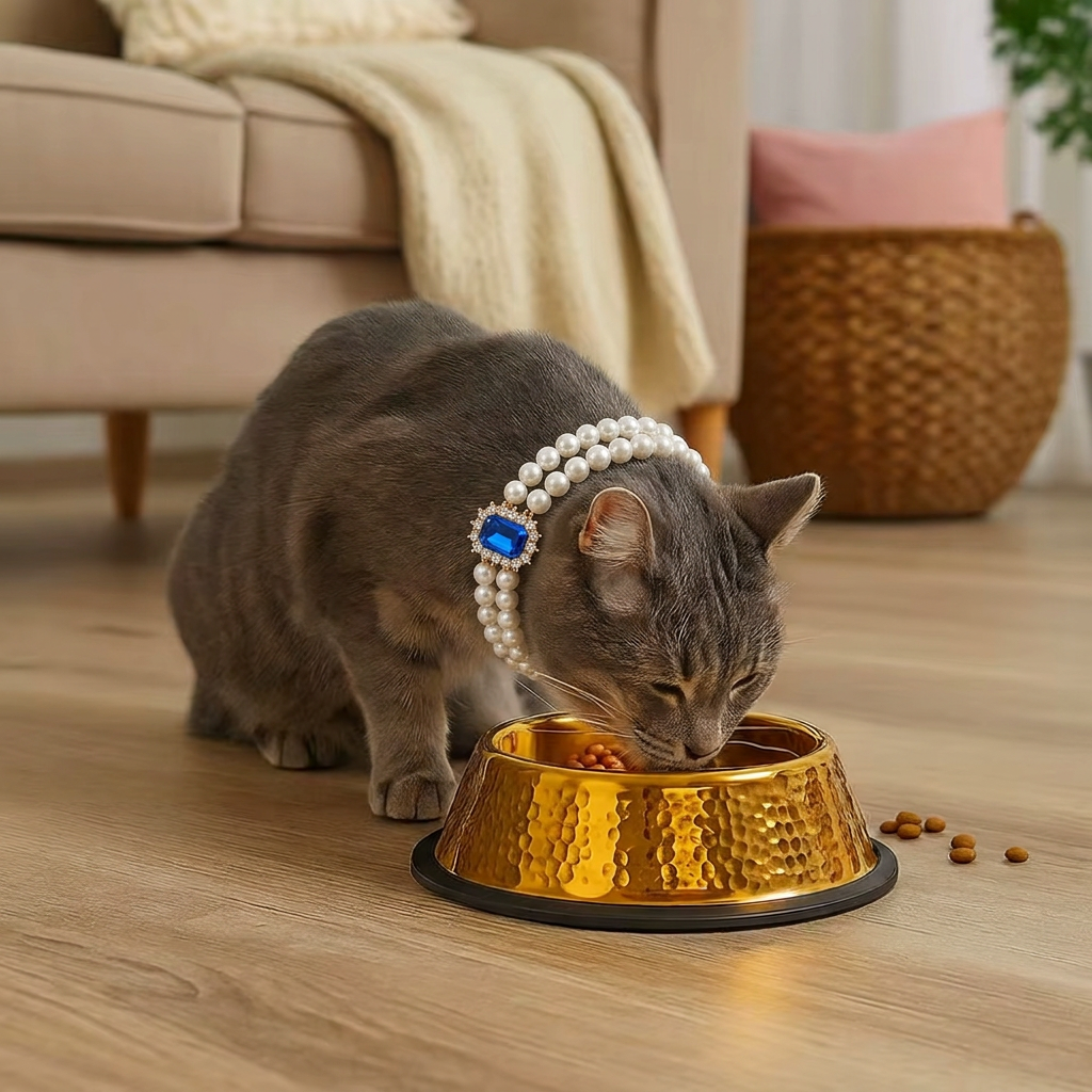 Grey cat eating from the gold hammered bowl, wearing the blue gem pearl collar