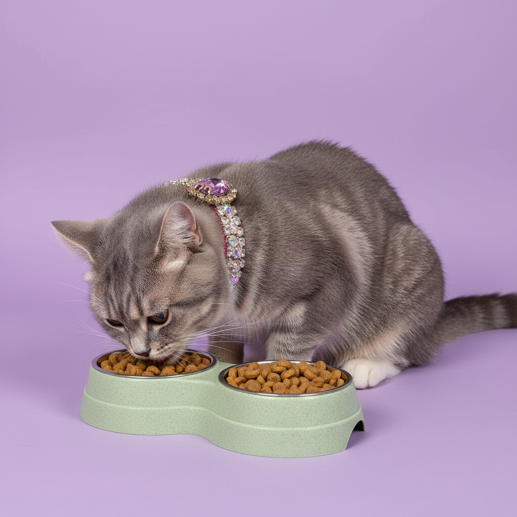 Gray tabby cat wearing a pink rhinestone collar with amethyst gem centerpiece eating dry kibble from a sage green double stainless steel pet bowl set, lavender background
