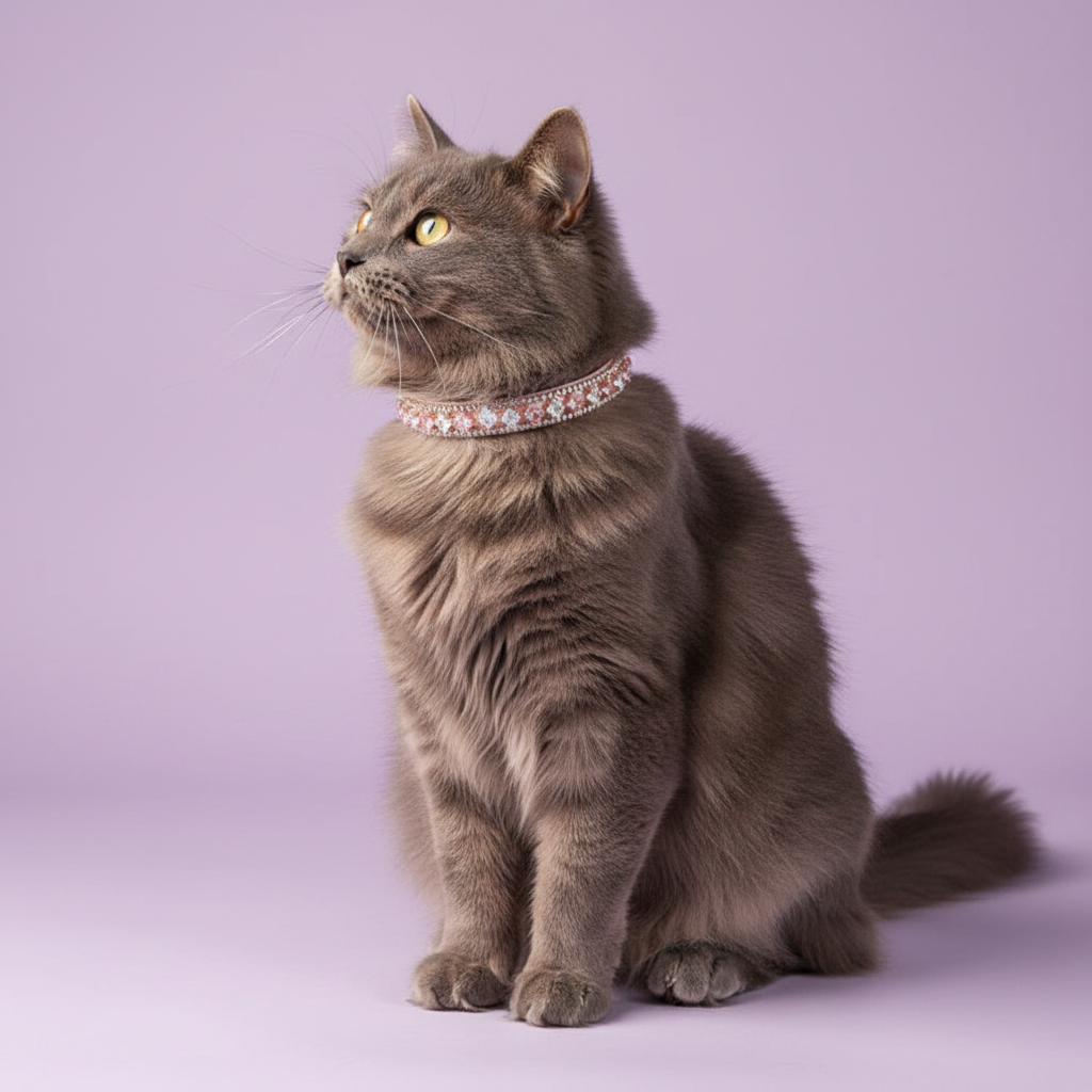 Pretty Posh Pets luxury rhinestone cat collar — a fluffy grey cat sitting in an elegant side profile, wearing a pink leather collar with alternating princess-cut pink and clear crystal gemstones set in rose gold, gazing alertly upward with vivid yellow-green eyes against a soft lavender background. Signature Edit aesthetic.