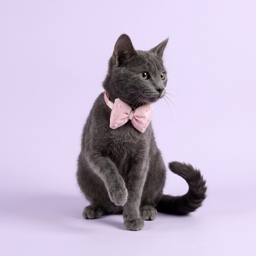 Grey cat with a raised paw wearing pink bow collar