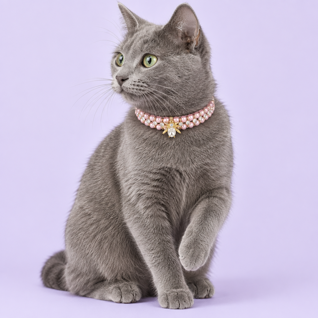 Grey cat with the pink pearl collar