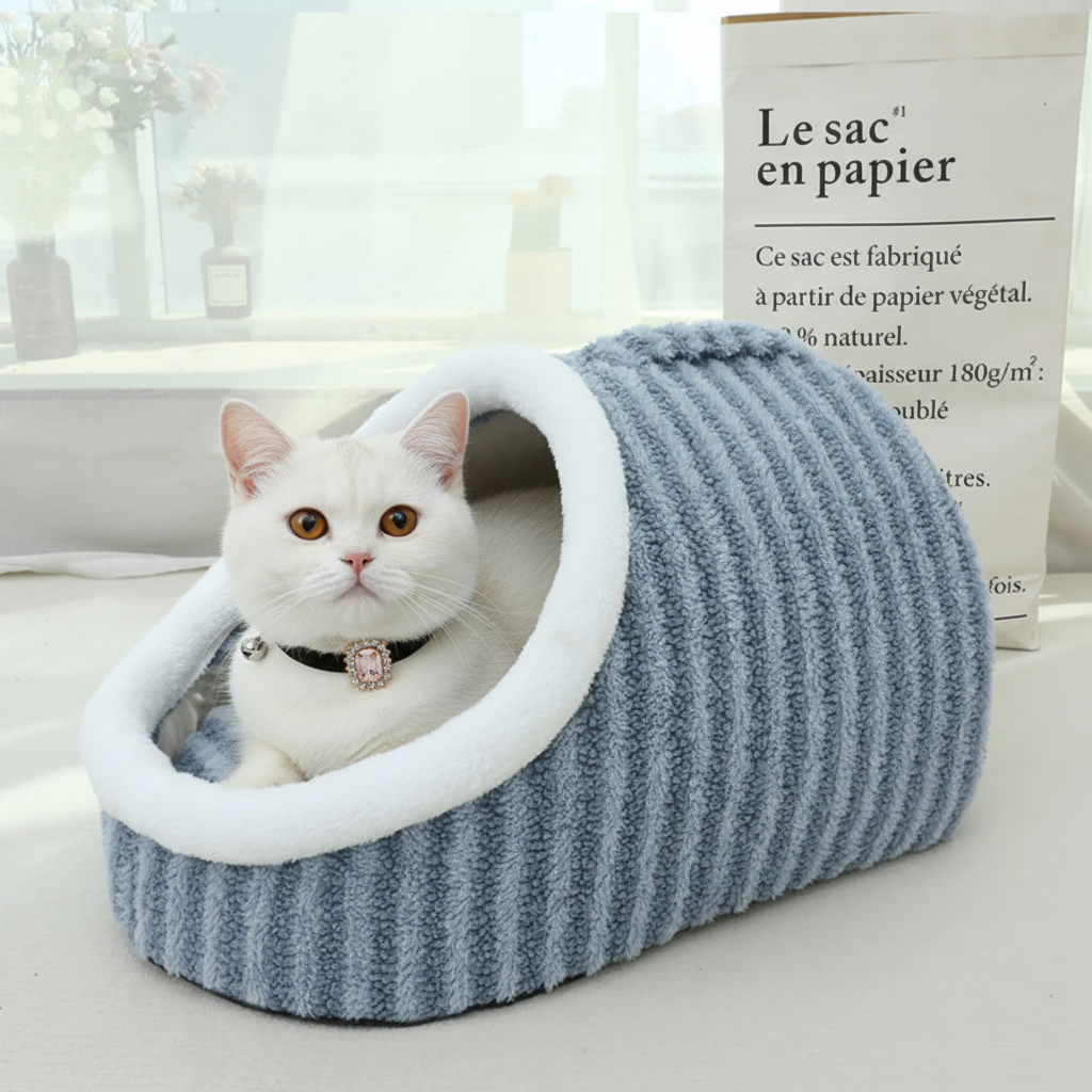 A white cat sits inside a small, ribbed, dusty blue cat bed with a white faux-fur lined opening. The scene is set on a light-colored surface next to a window and a decorative book, creating a cozy home environment.
