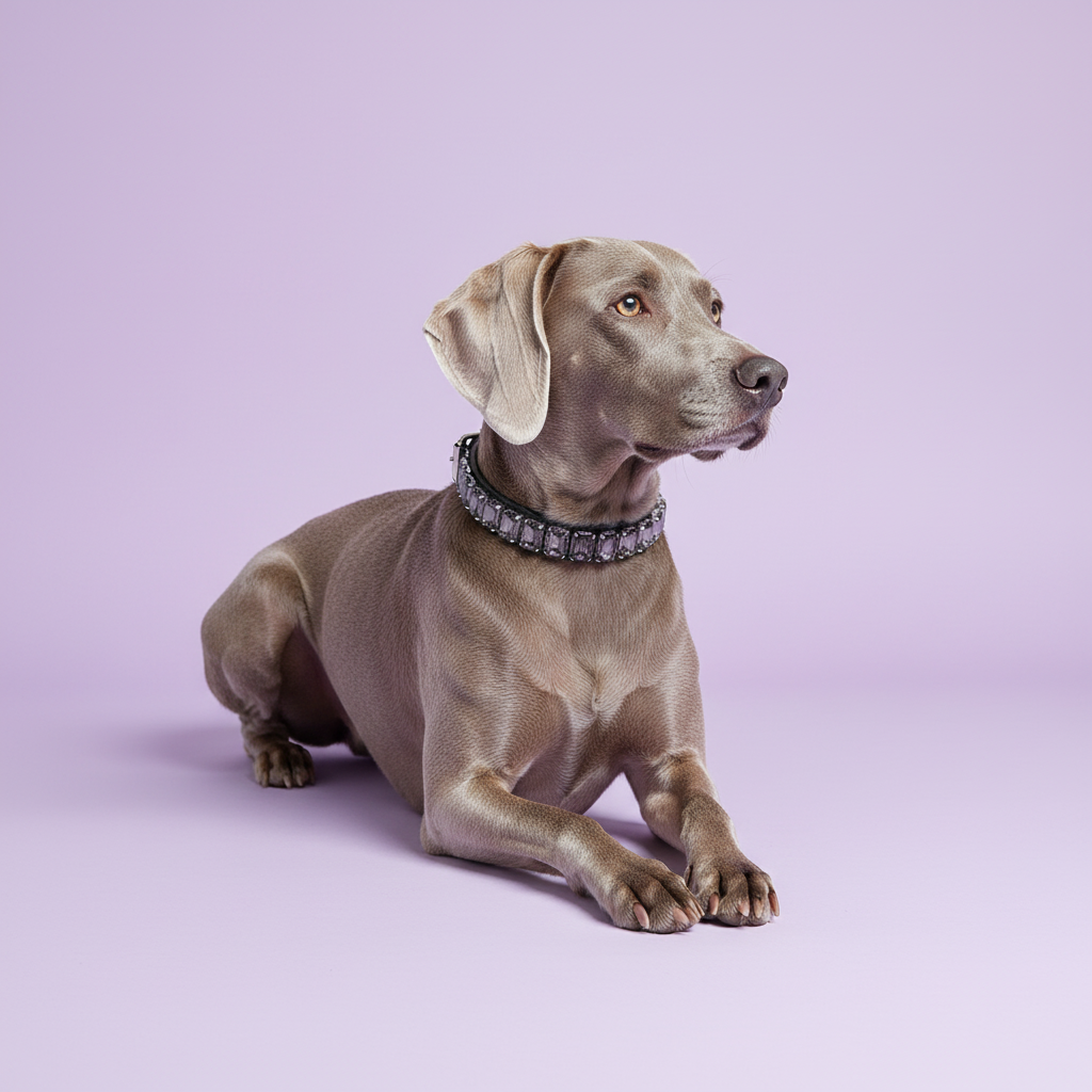 Grey Weimaraner dog lying down and wearing a crystal rhinestone collar against a soft lavender studio background.